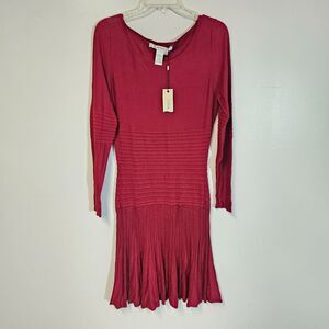 Studio M Womens L Red Pleated Midi Sweater Dress NWT Ribbed Waist Workwear